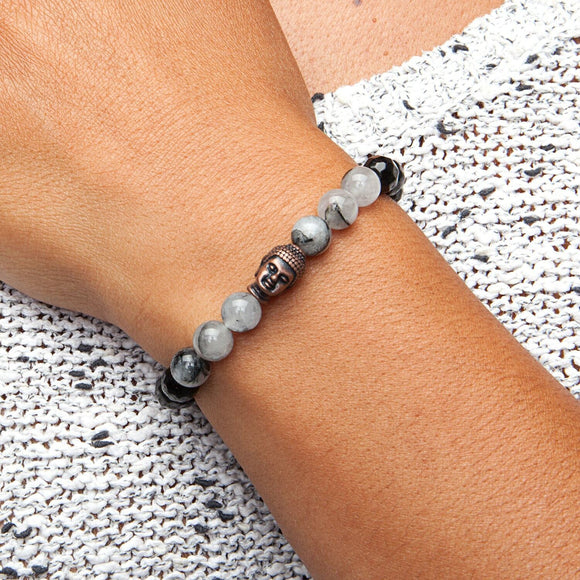 Mala armband, Black Rutilated Quartz & Black Agate