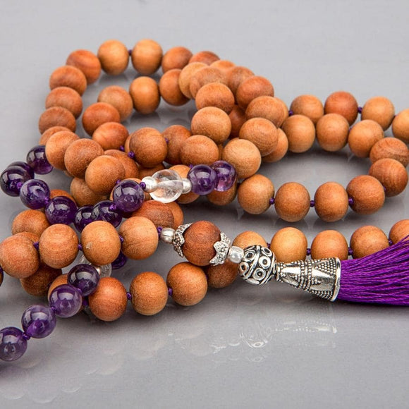 Mala - Ametist, bergkristall och sandelträ, 108 pärlor