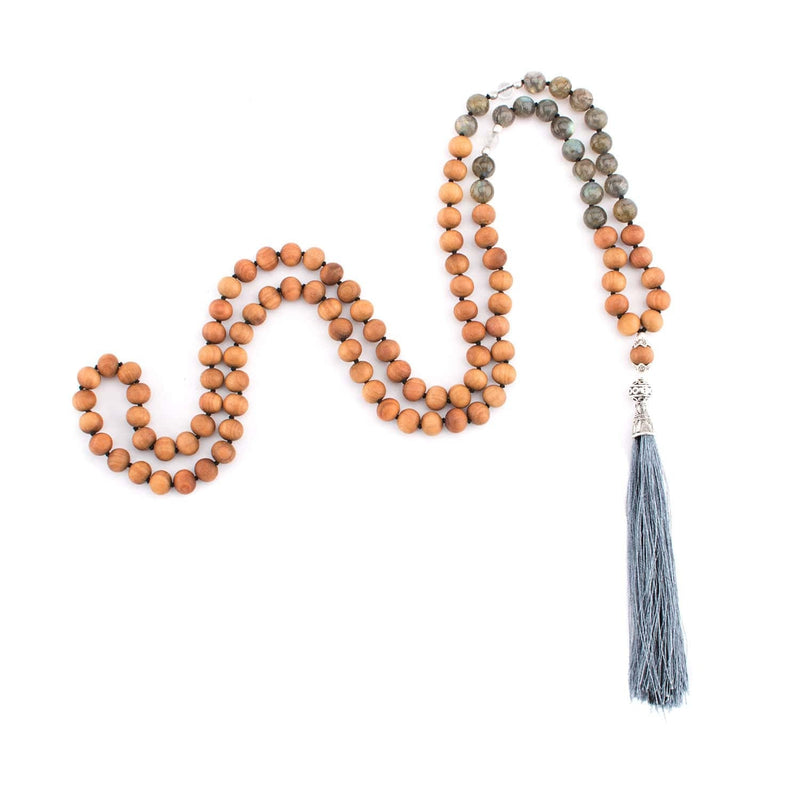 Mala halsband - labradorit, bergskristall och sandelträ, 108 pärlor