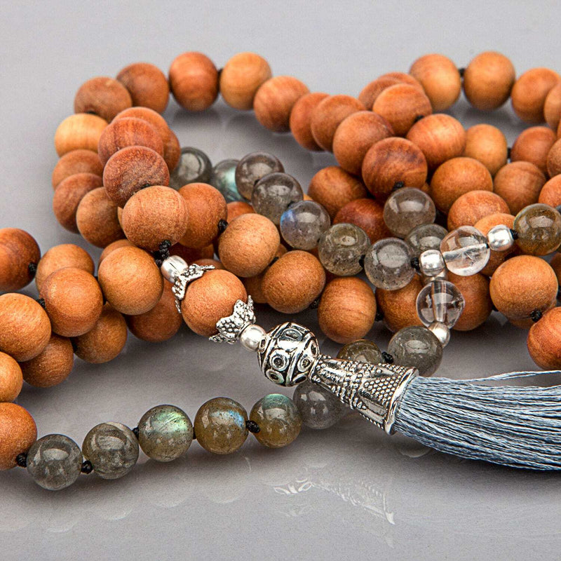 Mala halsband - labradorit, bergskristall och sandelträ, 108 pärlor