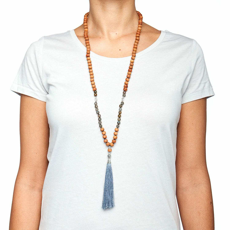Mala halsband - labradorit, bergskristall och sandelträ, 108 pärlor